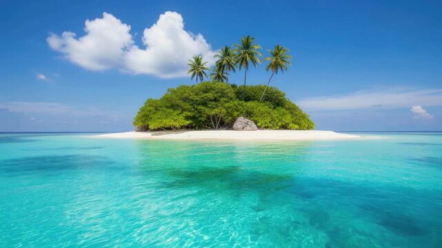 Tropical island paradise with palm tree and turquoise water