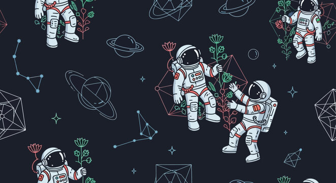 astronauts floating among geometric shapes and plants in space seamless pattern