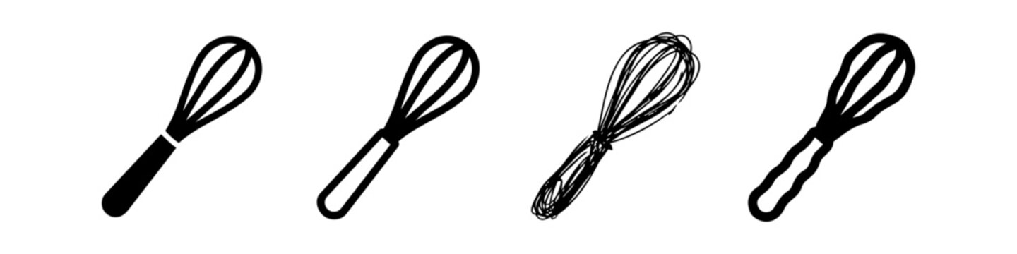Set of Four Kitchen Whisk Icons in Various Graphic Styles: Silhouette, Line Art, Scribble Sketch, and Hand Drawn Illustration - Minimalist Black and White Baking Tool Vector Design