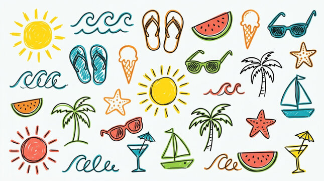 Summer vacation doodles and icons collection.