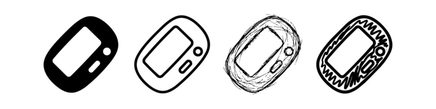 Set of Pager and Glucose Monitor Icons in Four Unique Styles: Glyph, Outline, Sketchy, and Hand-Drawn - Minimalist Handheld Electronic Device Vector Illustration for Web and Mobile App Design