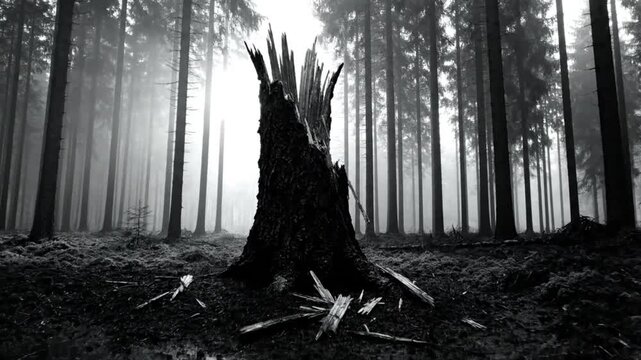 Mysterious Foggy Forest: Dramatic Black and White Scene of a Weathered Tree Stump in a Dense Woodland