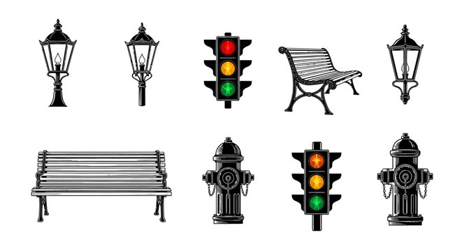 vintage urban street elements vector icons classic traffic lights street lamps park benches and fire hydrants.