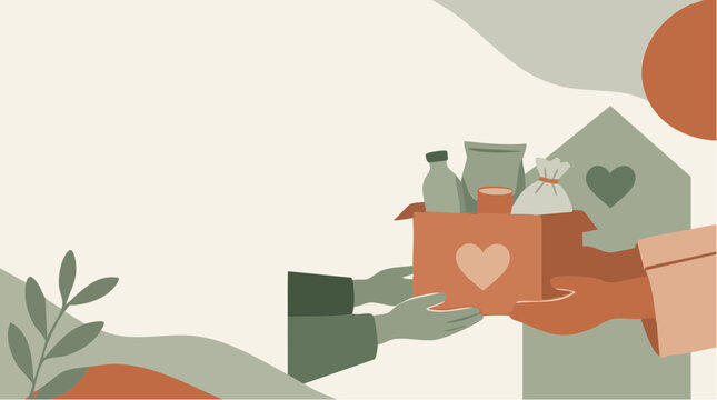 Minimalist geometric shapes define this 2d flat illustration showing a community donation box, representing charitable giving, social support, and food security in a clean, modern design style.