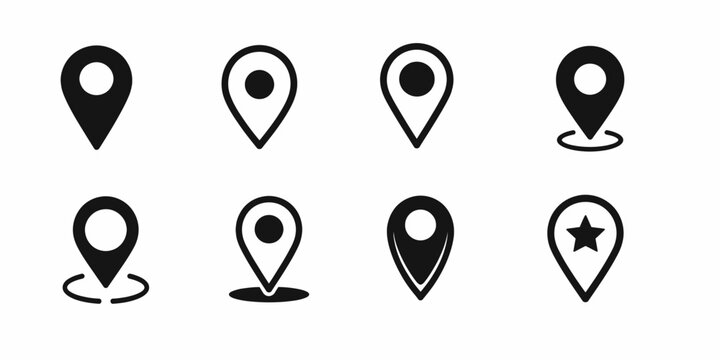 Eight unique map pin location marker in black, showcasing various styles and details