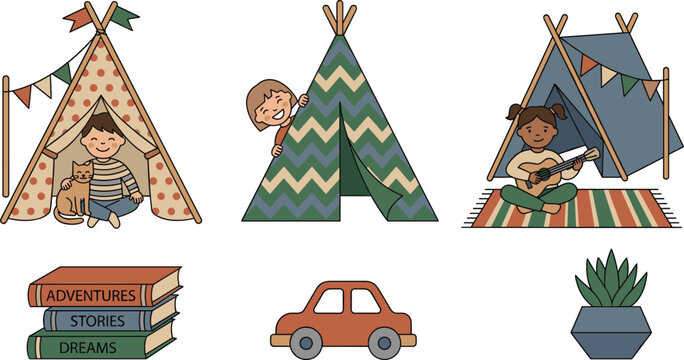 Hand Drawn Style Children Playing in Teepee Tents Vector Set with Kids, Pet Cat, Musical Instruments, Books, and Toys for Cozy Nursery Playroom Illustrations