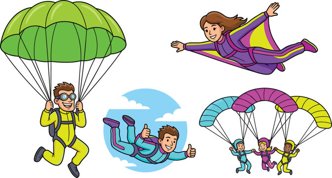 Colorful Skydiving and Wingsuit Flying Vector Set Featuring Happy Skydivers with Parachutes and Freefall Characters for Extreme Sports Education and Youth Adventure Graphic Designs