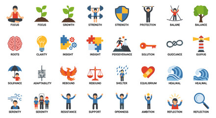 Fototapeta premium Collection of colorful vector illustrations depicting various concepts of life, including focus, growth, strength, protection, balance, insight, perseverance, solution, guidance,