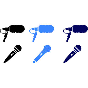 Collection of six microphone icons in black, blue, and dark blue colors, for music, podcasting, and broadcasting themes.