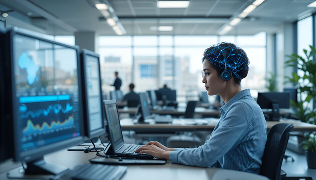 Employee focused on complex analytics monitors digital patterns on a screen while a glowing neural network pattern appears above her head to represent advanced cognitive processing power.