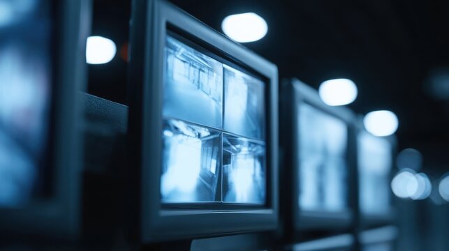 Close-up of multiple security monitors displaying surveillance footage in dark room