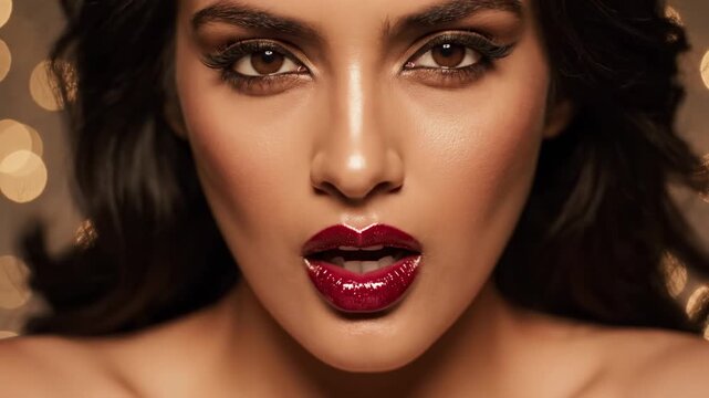 Three identical close up portraits of a woman with dark hair and red lipstick on a gold bokeh background