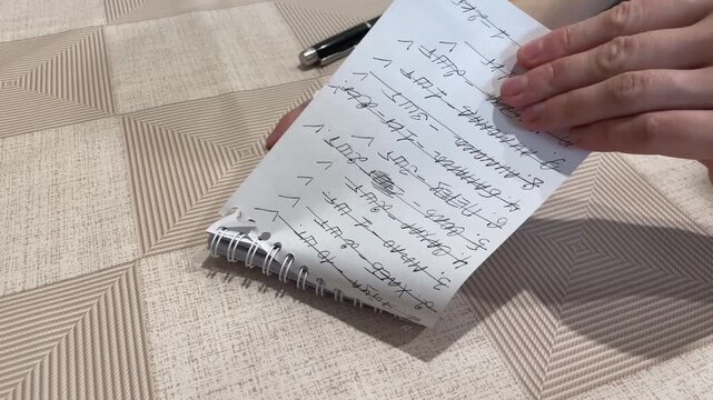 Hands deliberately ripping handwritten page into pieces. Closeup view of hands intentionally ripping handwritten document into small pieces over textured surface for cleanup purposes