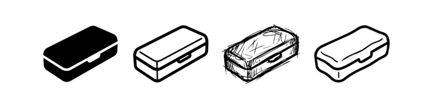 Collection of Pencil Case and Glasses Case Icons in Multiple Styles: Silhouette, Clean Line Art, Hand-Drawn Sketch, and Bold Outline for Graphic Design and Interface Use