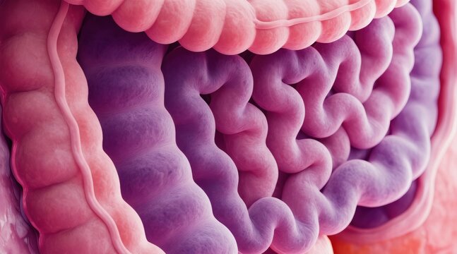 Close up of intestinal wall with villi structures. Pinkish outer layer, purple folded inner lining showing healthy mucosal folds for absorption. Digestive system detail.