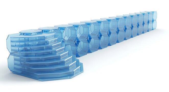 Blue plastic modular floating pontoon dock cubes arranged in a long row for water access