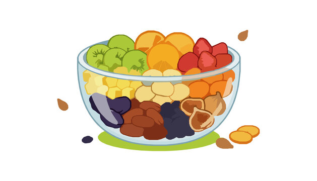 A beautiful circular arrangement of various dried fruits and nuts vector illustrations including apricots figs prunes and dates for healthy organic snack food packaging designs..ai