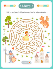 Fairytale maze game for kids with royal guard, princess, dragon and castle. Educational logic puzzle for children activity book.  © alisa_rut