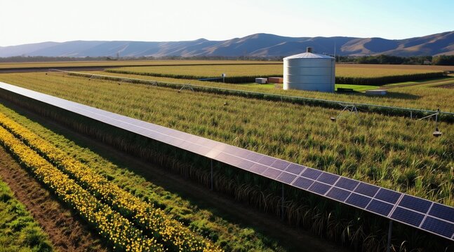Aerial view of farm with solar panels sugarcane crop and water tank. Modern irrigation systems water fields, sun powers sustainable agriculture. Landscape shows green rows plants.