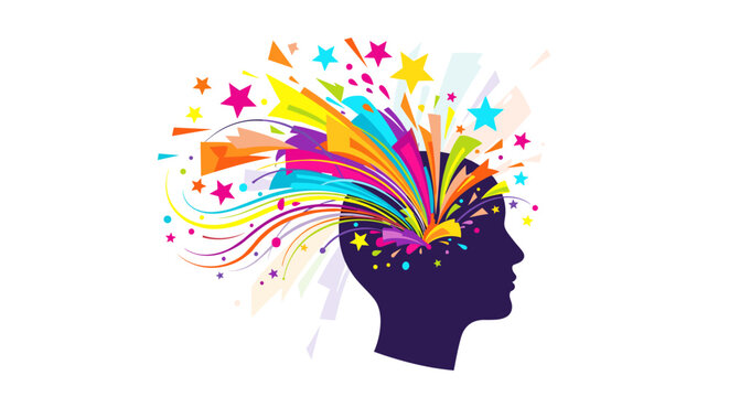 Vibrant explosion of colorful energy bursting from a human head silhouette, showcasing a creative idea, innovation, and the power of imagination, with dynamic lines and star