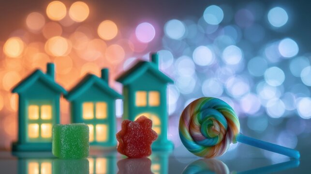 Colorful candy and illuminated small house models with blurred lights background