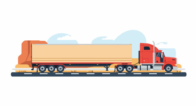 Red Semi Truck with Trailer on Road Vector Illustration - Logistics and Freight Transportation Concept