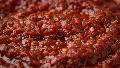 Obraz premium Extreme close-up of spicy red chili paste with visible seeds and textured pulp, showing a glossy and oily surface of traditional Asian sambal or North African harissa sauce.