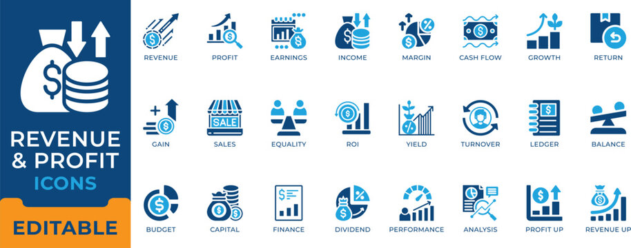 Revenue and profit icon set. Financial growth, ROI, cash flow, business income, accounting budget and sales margin vector symbols.