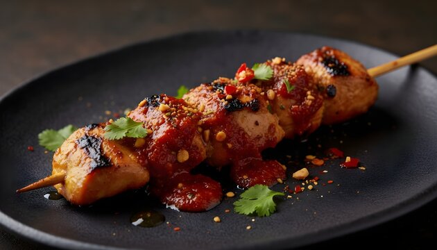 Grilled chicken satay skewer coated in peanut sauce, topped with crushed nuts, red chili, and fresh cilantro, served on a black ceramic plate against a dark background.