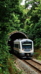 Fototapeta premium Modern train exits tunnel into lush green forest. Passenger travel by rail through dense trees and foliage. Sustainable transport in vibrant nature, eco-friendly journey.