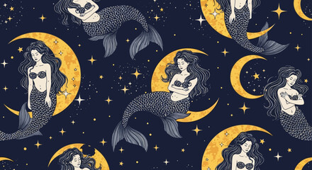 Fototapeta premium mystical mermaids on moon crescents surrounded by stars in a dark night sky