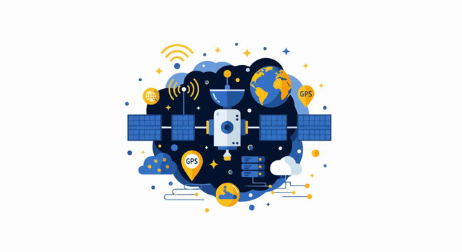 Global Telecommunications and Satellite Navigation Concept Vector Illustration featuring GPS, Data Networks, and Orbital Technology Icons on White Background.