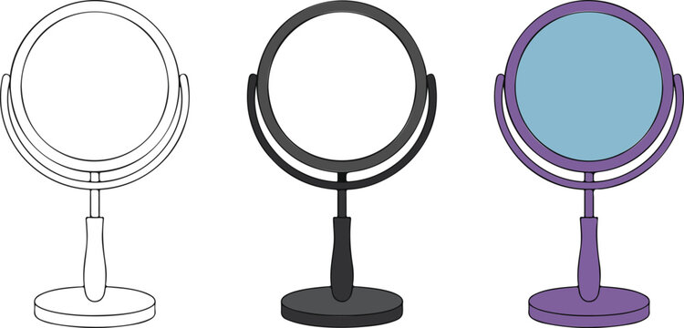 Minimalist round standing makeup mirror icon set including outline solid and colorful flat vector illustrations for beauty vanity skincare and cosmetic product design