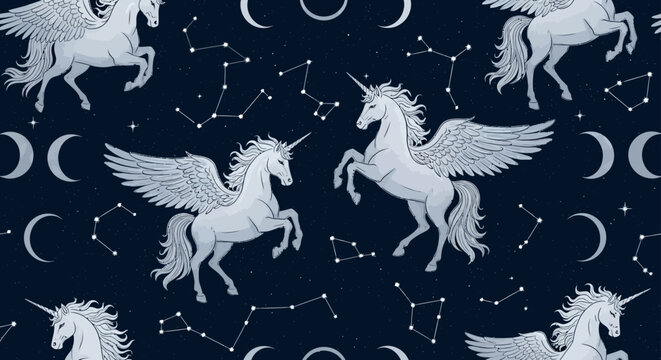seamless pattern with winged unicorns and pegasi in a celestial background featuring starry night and crescent moons.