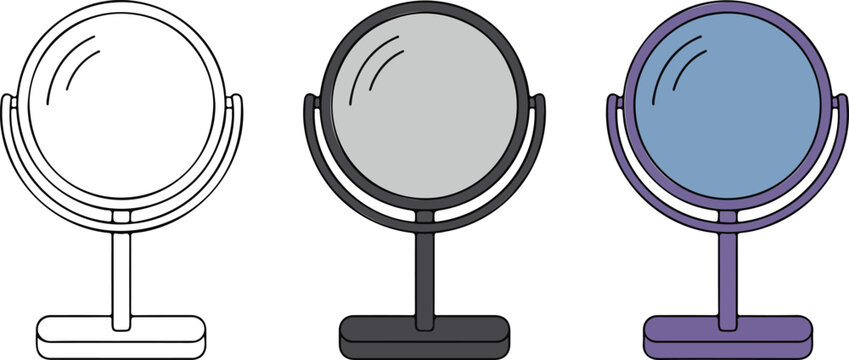 Minimalist round standing makeup mirror icon set including outline solid and colorful flat vector illustrations for beauty vanity skincare and cosmetic product design