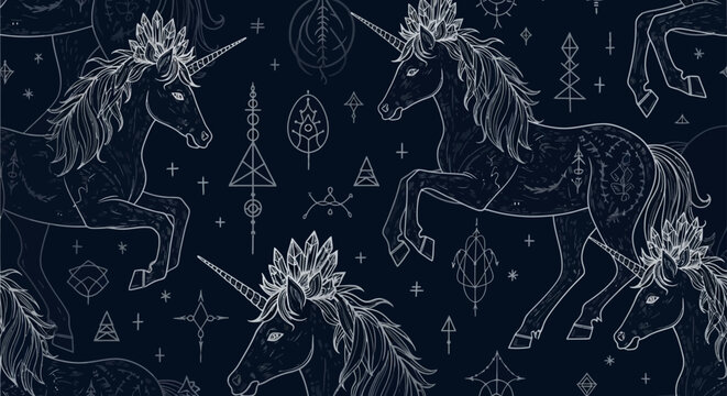 seamless unicorn pattern adorned with crystal crowns and sacred geometry on a dark background for mystical and magical design
