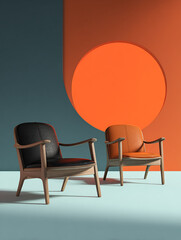 Obraz premium A striking minimalist product photograph featuring two modern chairs with black leather seats and wood armrests. They sit before a bold orange circle against a plain background.