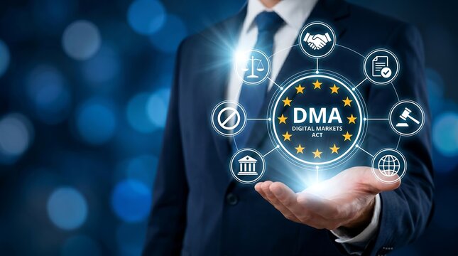 Digital Markets Act (DMA) EU regulation conceptual. Professional's hand illustrates big tech platform compliance, digital economy governance for legal analysis and strategy presentations.