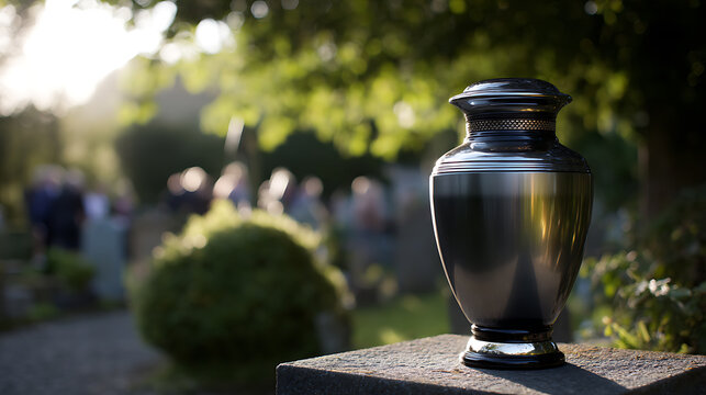 Elegant cremation urn in a somber outdoor setting, symbolizing remembrance and quiet mourning during a funeral service with blurred people in background