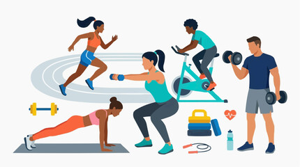 Fototapeta premium People enjoying various fitness activities, including running, cycling, lifting weights and workout. It is an image of healthy lifestyle, fitness and exercise