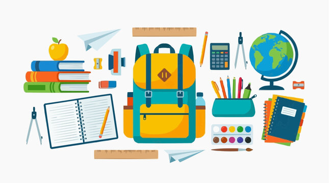Backpack and school supplies illustration, embodying the essence of learning and education. The image showcases essential items for students and teachers alike