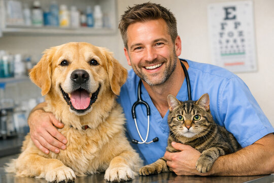 A professional veterinary doctor holding a yellow Labrador Retriever on his left hand and a tabby cat on his right hand.