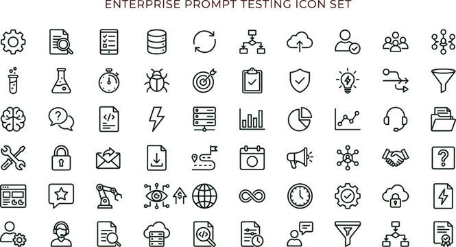 Enterprise prompt testing outline icon set for artificial intelligence dashboards developer workflows and technology applications