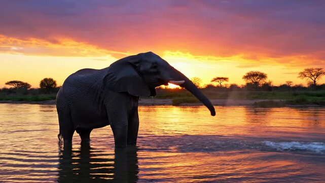 African elephant spraying water in a river at sunset