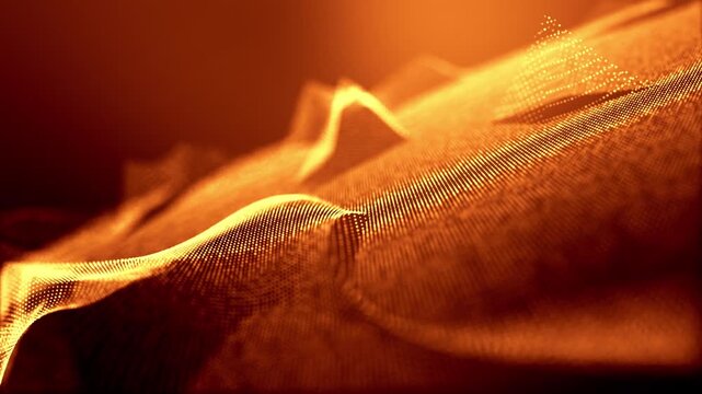 3d render VJ Loop particles Glowing golden particle wave flows over dark background, micro dot mesh ripples like fabric, warm amber lighting, slow camera parallax, cinematic mood perfect for stage