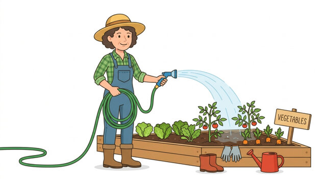 Woman watering a raised garden bed with a hose.
