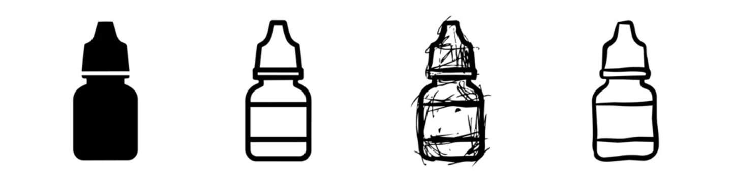 Set of Eye Drop Bottle Icons in Four Different Graphic Styles: Solid, Outline, Sketch, and Hand-Drawn. Medical Dropper Bottle Vector Illustration for Healthcare and Ophthalmology Designs.