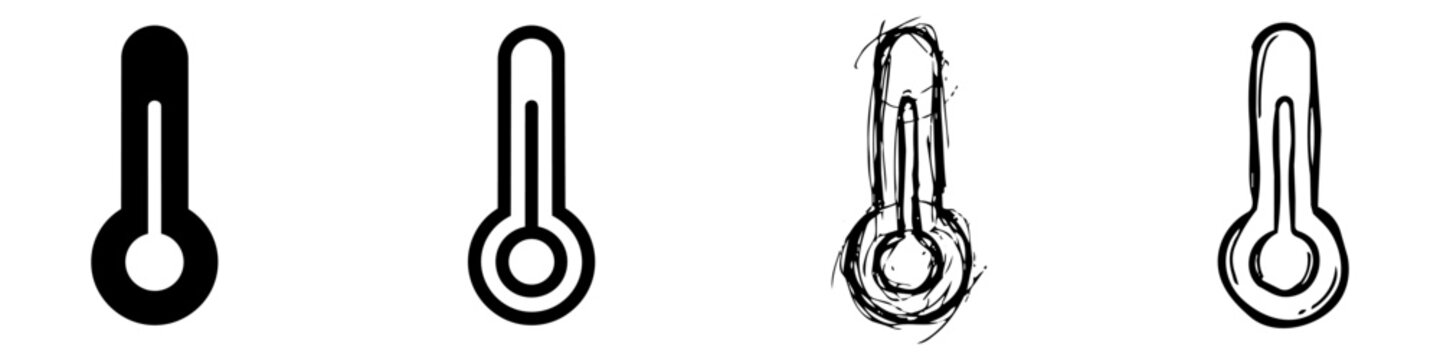 Set of Thermometer Icons in Different Styles including Flat, Outline, Sketch, and Hand-Drawn Doodle Symbols for Temperature Measurement, Weather Forecast, and Health Applications