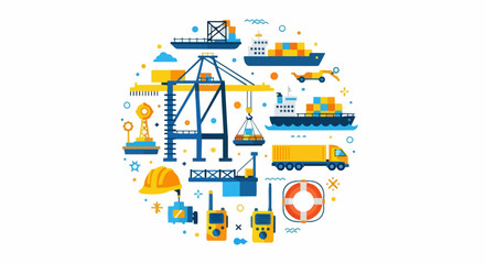 Naklejka premium Global Logistics and Maritime Shipping Flat Vector Illustration with Cargo Ships, Trucks, and Port Equipment