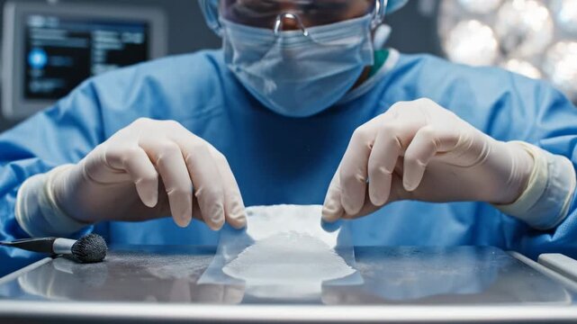 Surgeons in blue scrubs working with fingerprint technology in a medical laboratory setting